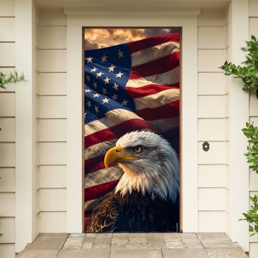 American Bald Eagle and US Flag Patriotic Front Door Cover